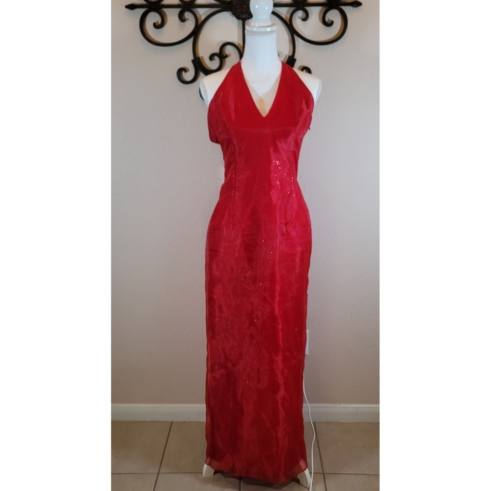 Vintage Jessica McClintock Gunne Sax Red Shimmer Halter Gown 7 Waterfall Train